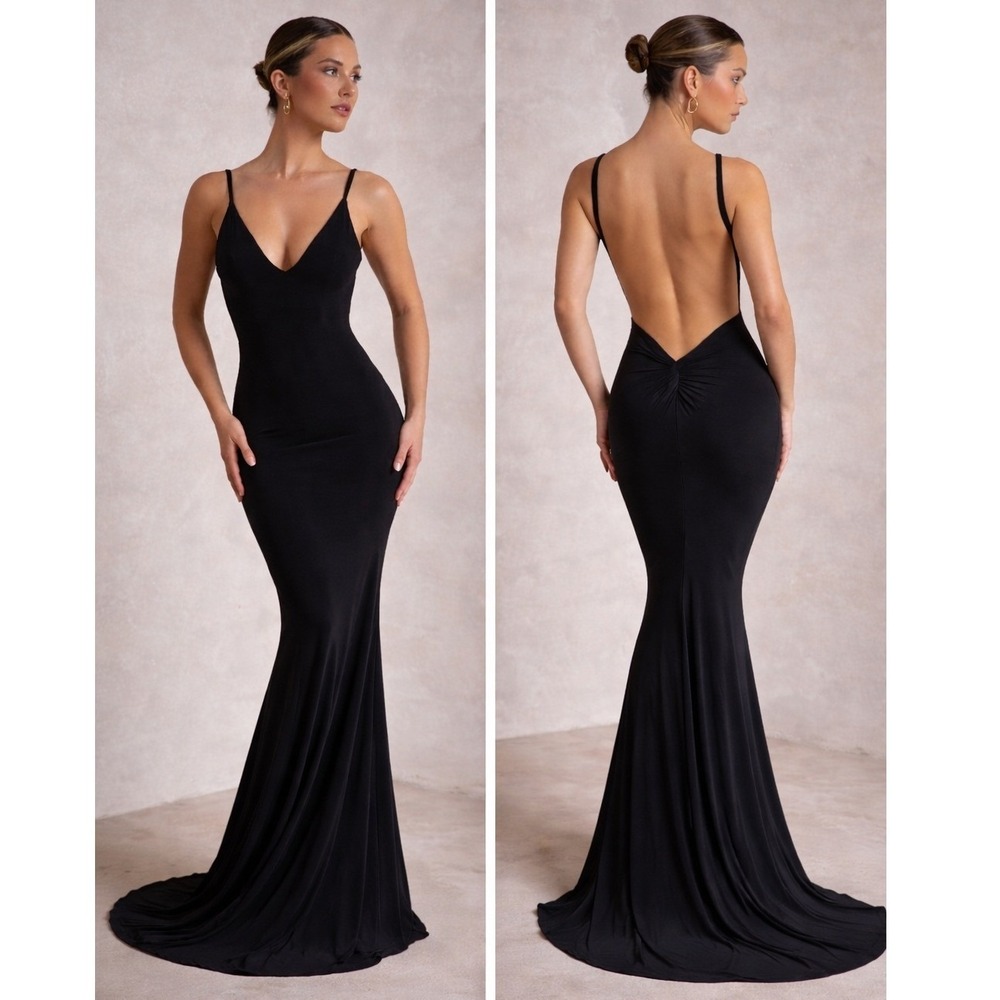 Club L London Endless Love Black Backless Fishtail Maxi Dress NWT US 4